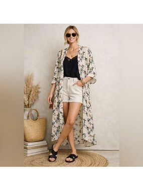 EUC Bel Kazan Anthropologie Floral Kimono Cream with Floral Print OS